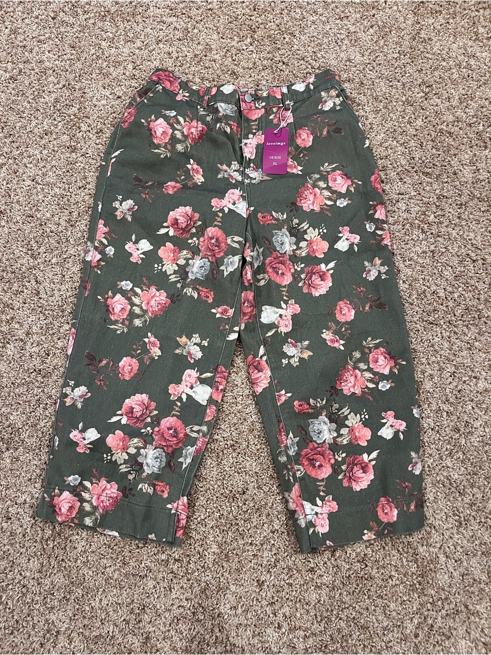 Women’s Green Floral Capri Pants - Pink Rose Print